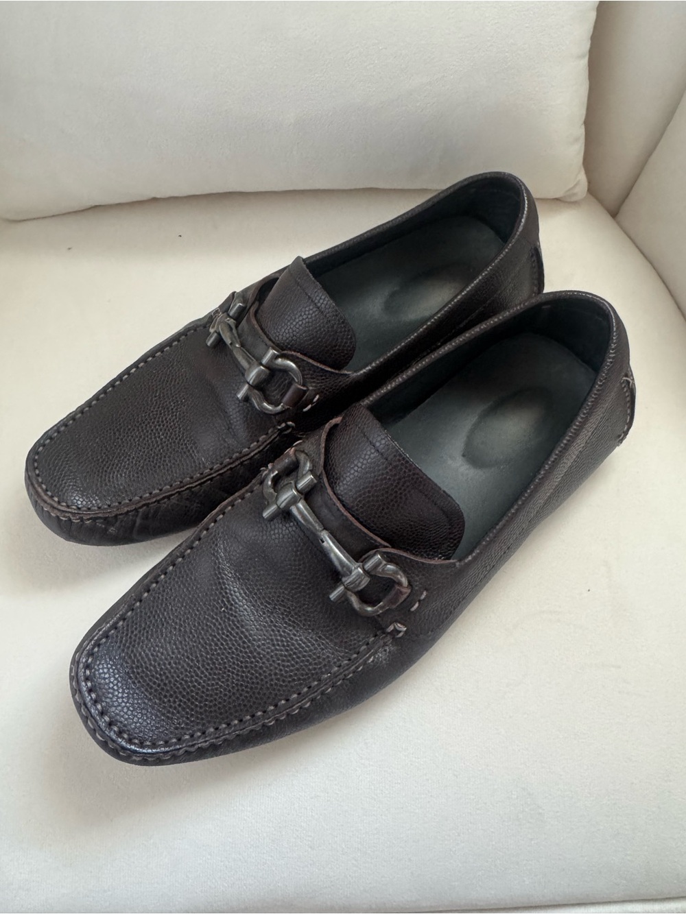 Salvatore Ferragamo Dark Brown Pebbled Leather Bit Loafers